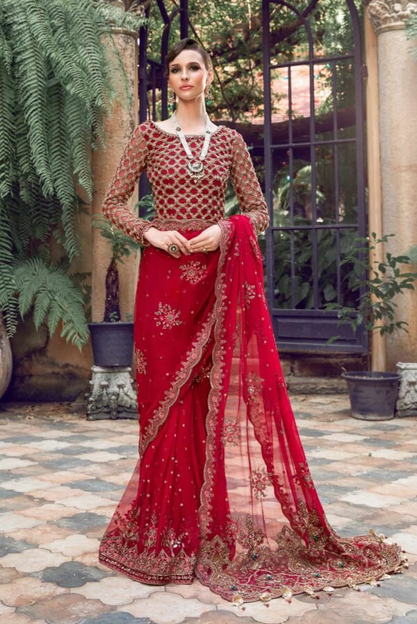 Red Pakistani Wedding Dress in Net Bridal Saree Style