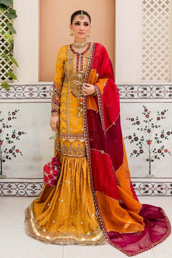 Pakistani Bridal Mehndi Dress in Gharara Kameez Style