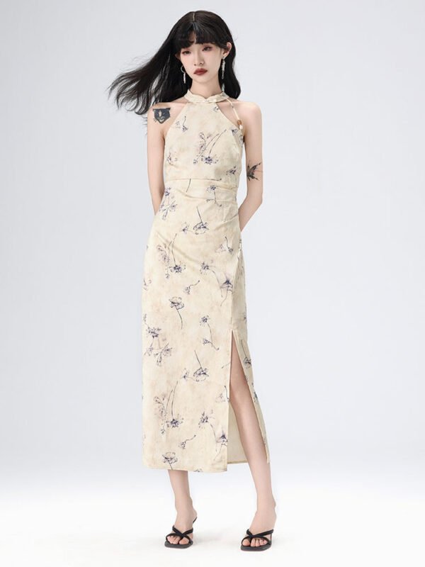 Floral American Sleeve Cheongsam Long Dress