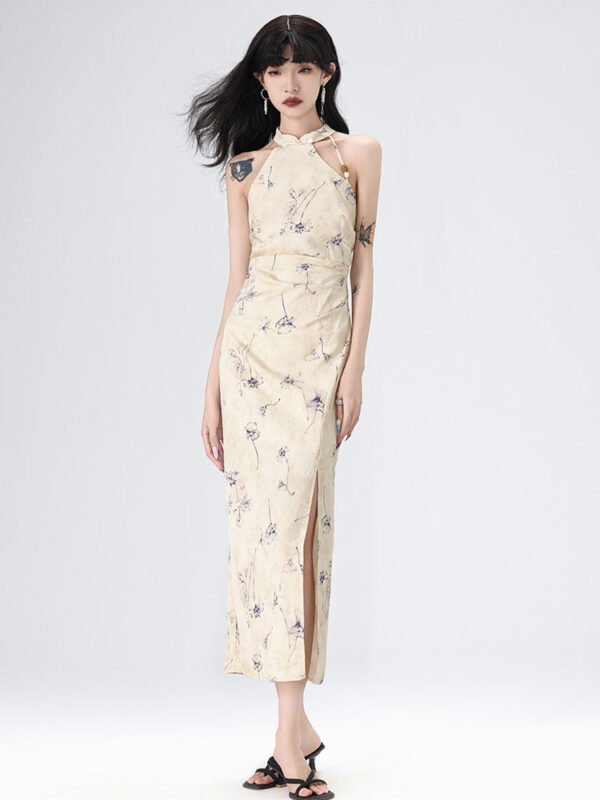 Floral American Sleeve Cheongsam Long Dress