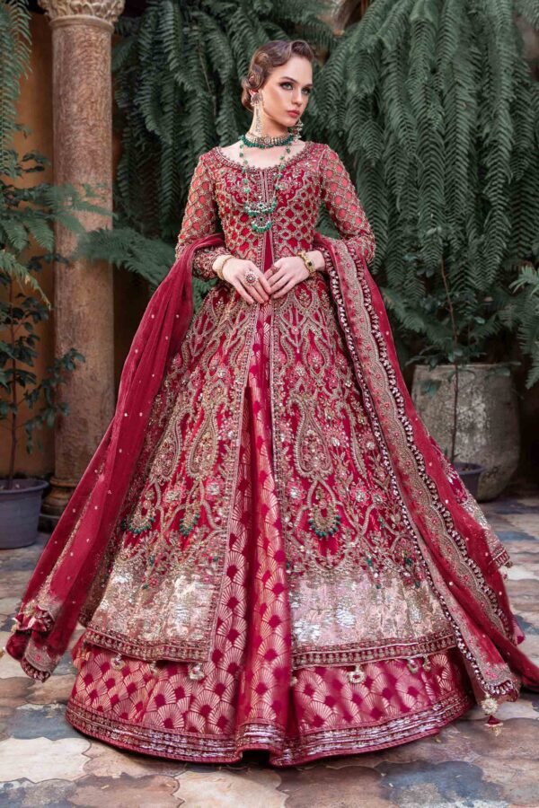 Royal Red Pakistani Bridal Outfit in Gown Lehenga Style