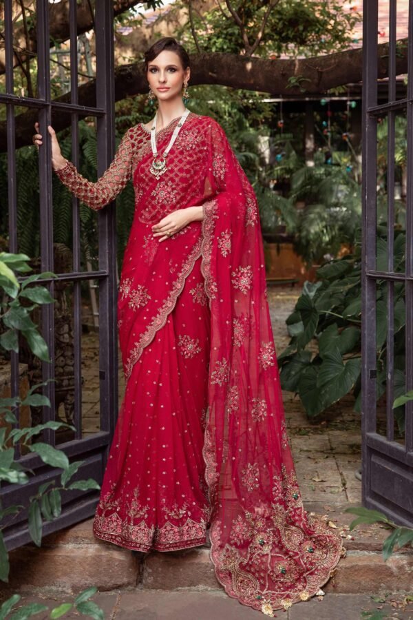 Red Pakistani Wedding Dress in Net Bridal Saree Style