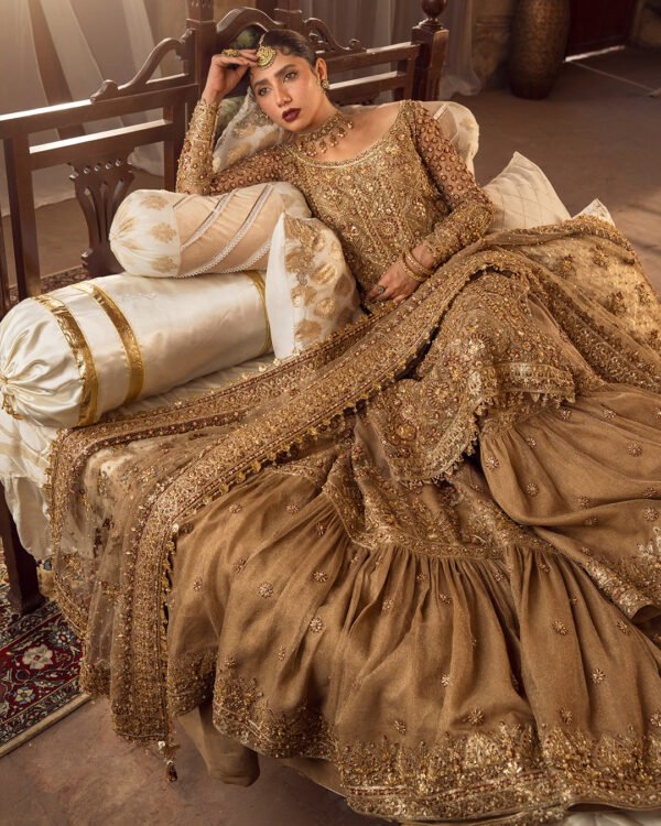Pakistani Bridal Dress in Golden Gharara Kameez Style