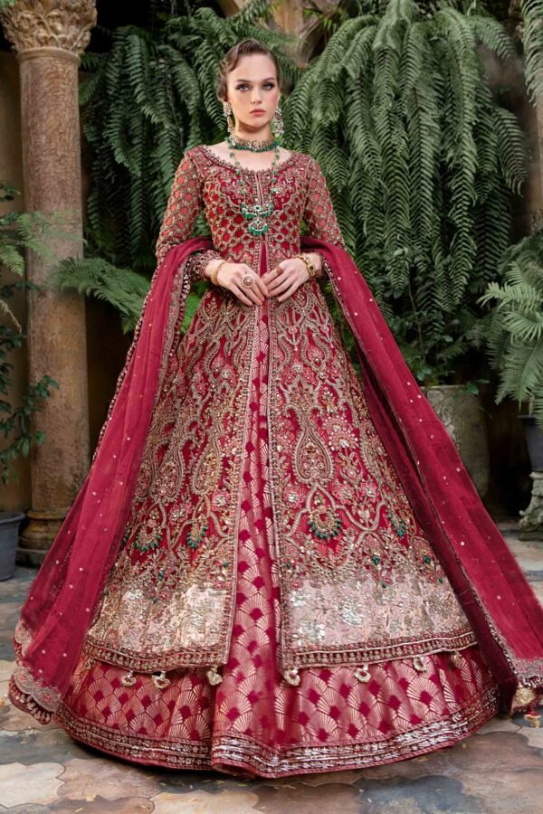 Royal Red Pakistani Bridal Outfit in Gown Lehenga Style